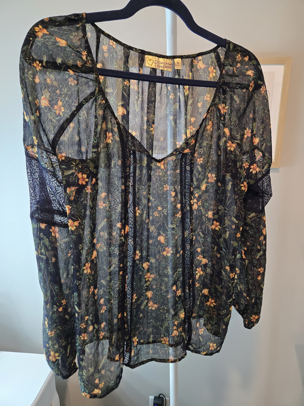 princess vera wang Black Sheer Blouse with Orange Floral Motif